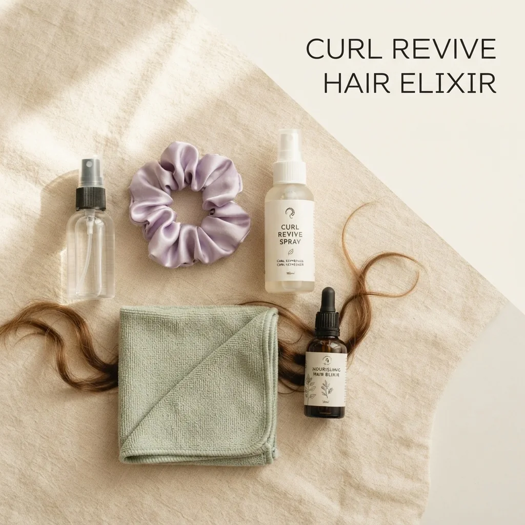 Top-down flatlay of day 2 curl refresh essentials including a fine mist spray bottle, satin scrunchie, curl refresher spray, microfiber towel, and small hair oil on a soft neutral surface.