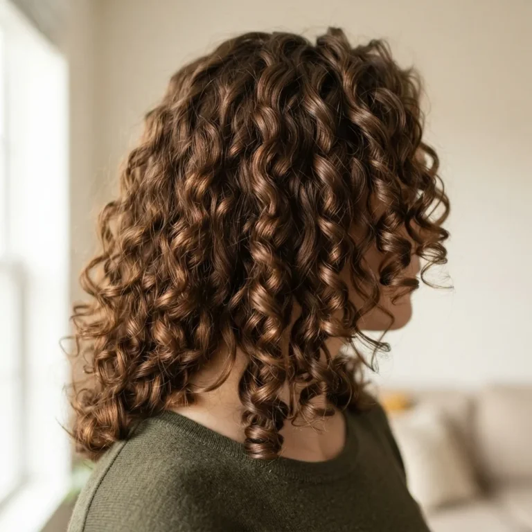 Close-up of defined, bouncy 3a curls on a young woman with warm-toned natural hair, soft window light, showcasing hydrated curl definition after a curly girl method routine.