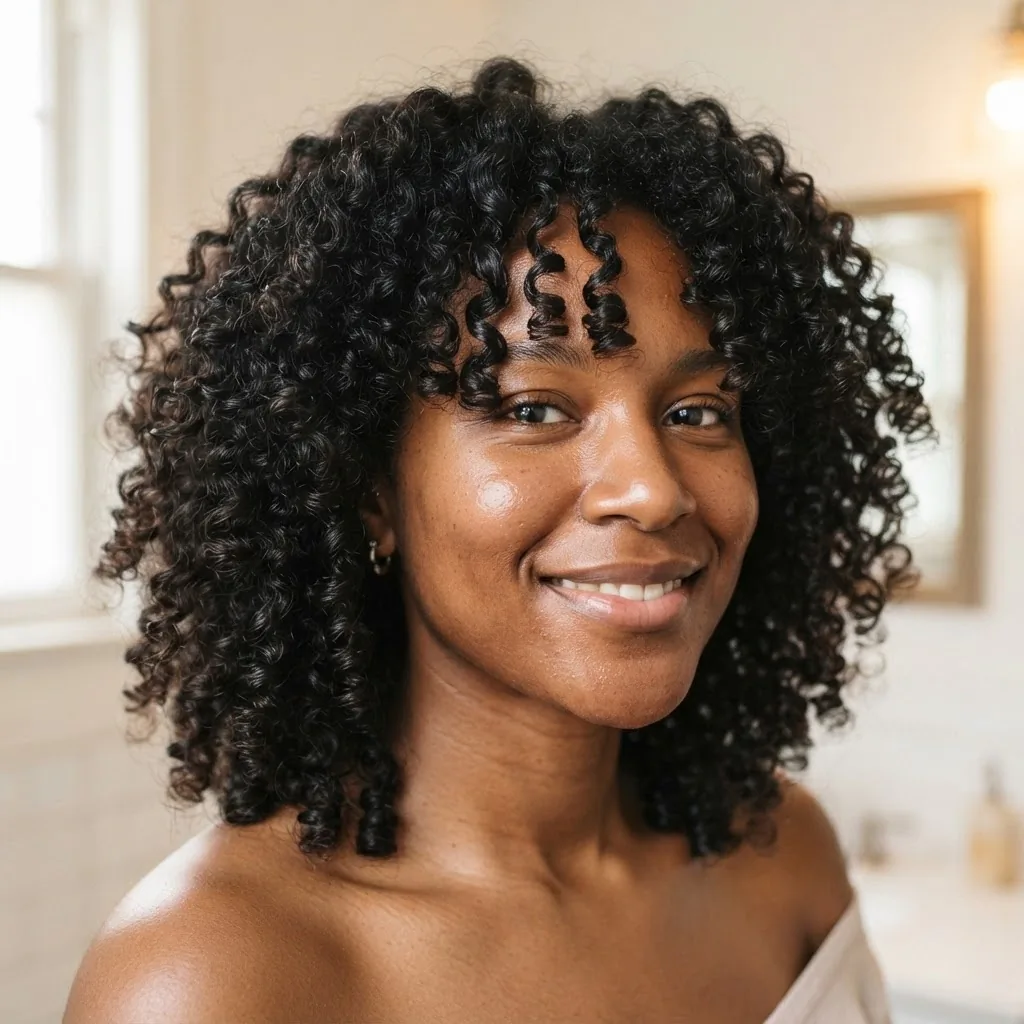 A close-up of defined, moisturized type 3 curly hair on a Black woman in her twenties after washing, showing curl clumping and shine from a sulfate-free drugstore shampoo routine.
