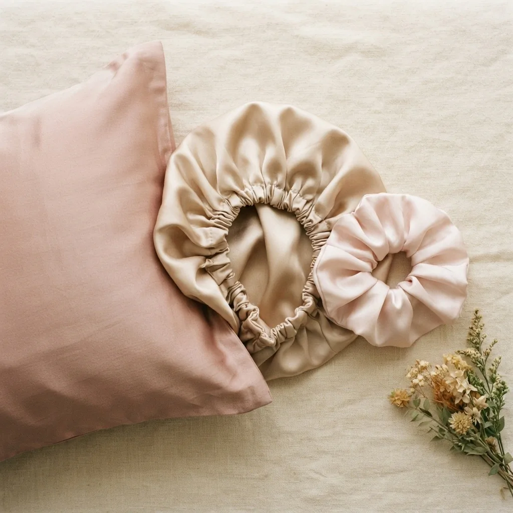 Overhead flatlay of curly hair overnight care essentials including a satin pillowcase, a satin hair bonnet, and a loose scrunchie on a warm cream bedside surface.