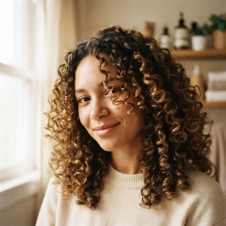 Close-up of defined bouncy curls on a young woman with type 3b natural curly hair in soft warm window light, showcasing a finished beginner curly hair routine result.