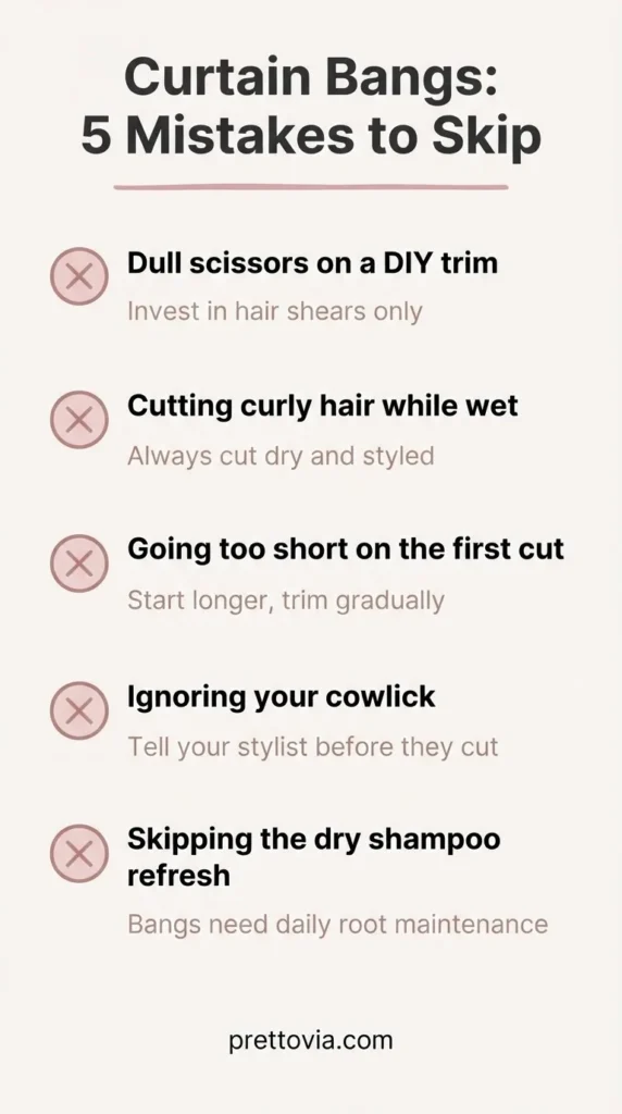 Flat vector checklist infographic listing five common curtain bang mistakes beginners make and how to avoid each one, with clean minimalist beauty blog design.