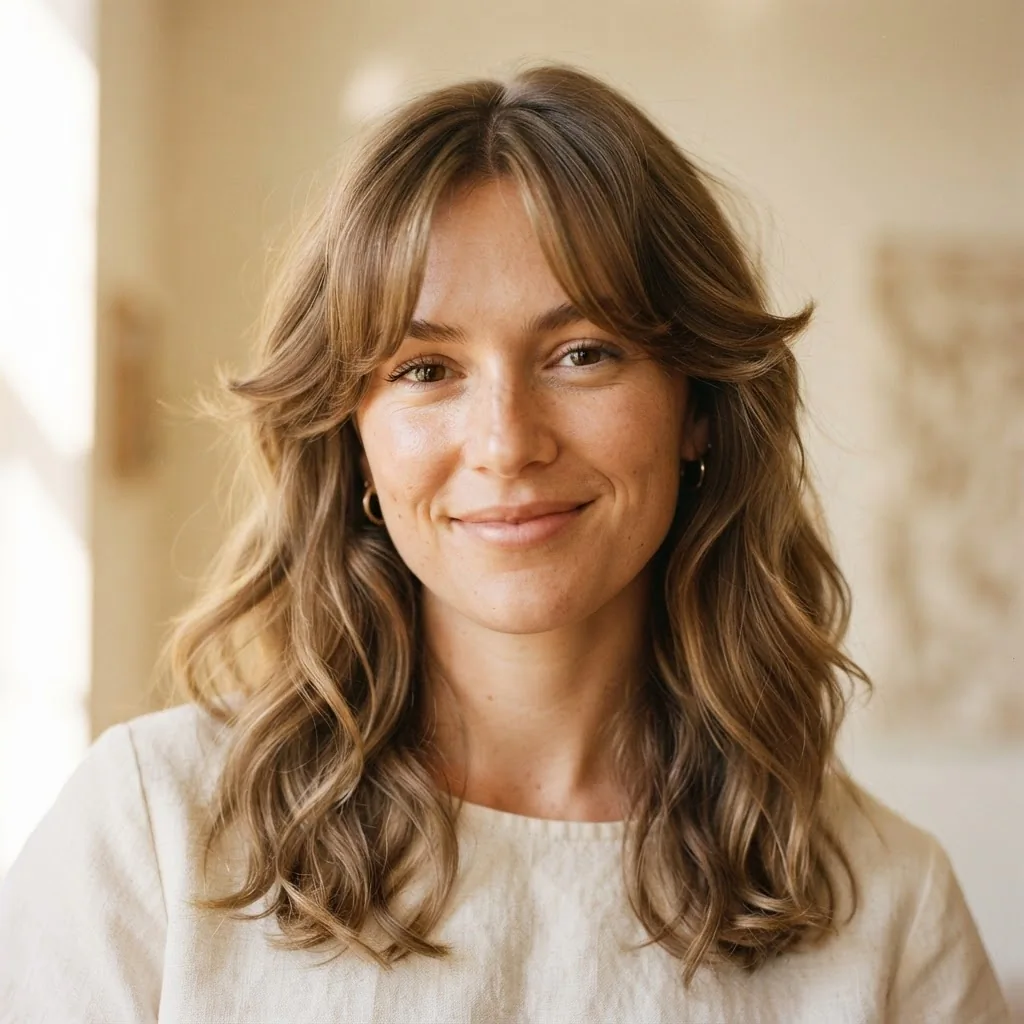 Woman with wavy curtain bangs styled with a soft center part and face-framing sweep, finished look photographed in warm natural window light.