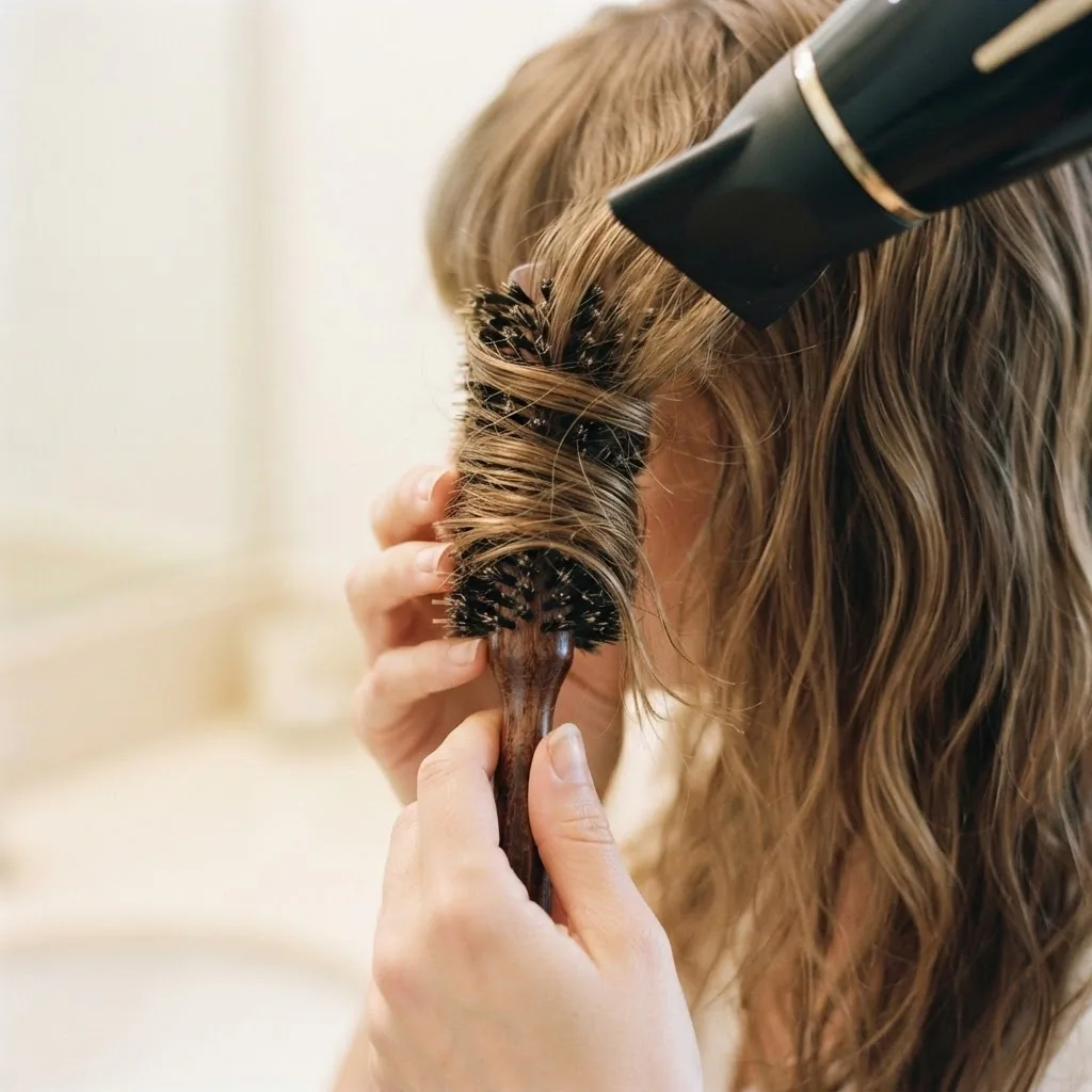 Close-up of hands holding a small round brush blow-drying curtain bangs away from a center part, showing the roll-under technique on light brown wavy hair.