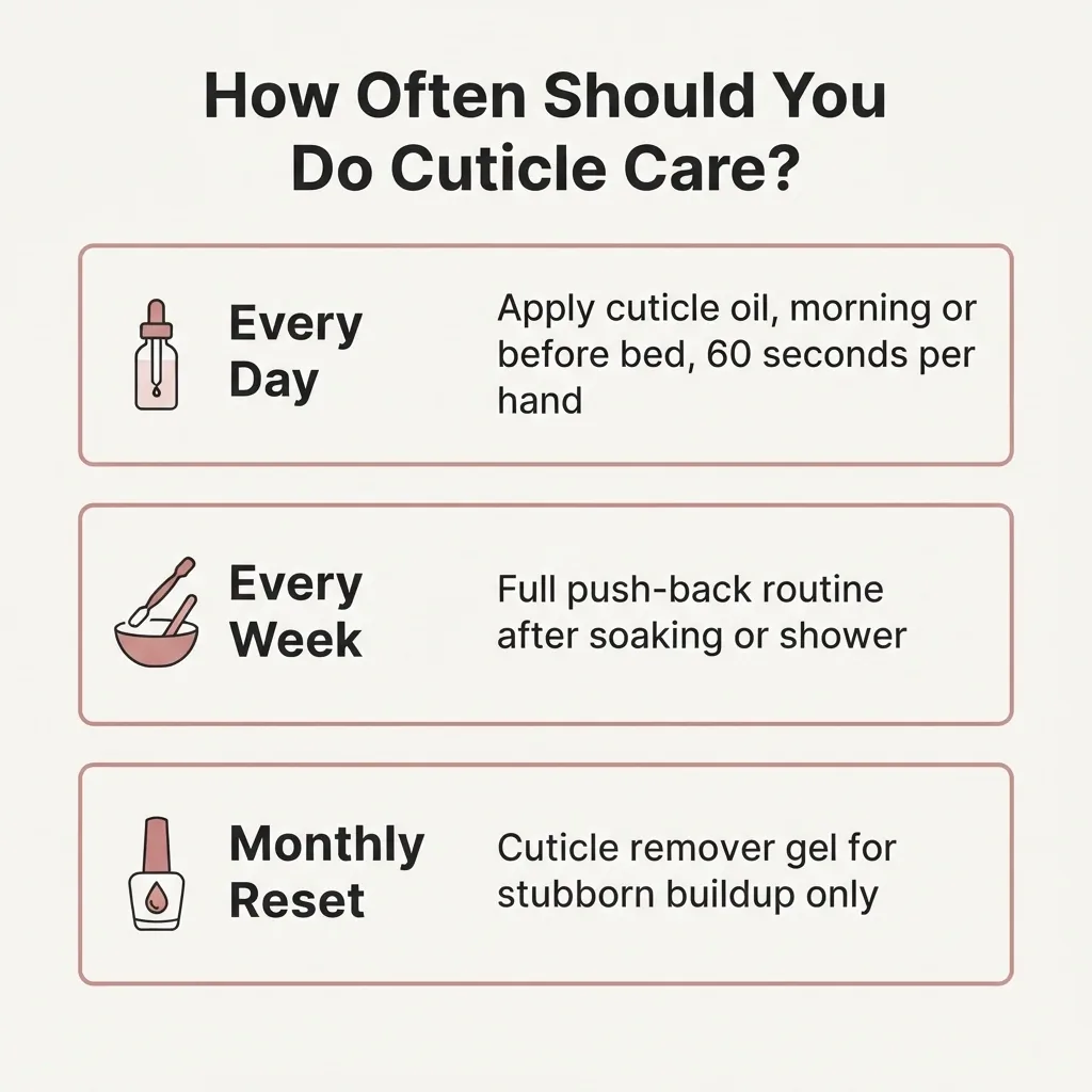 Flat vector infographic showing cuticle care frequency with daily cuticle oil, weekly push-back routine, and monthly cuticle remover reset in a simple grid layout.