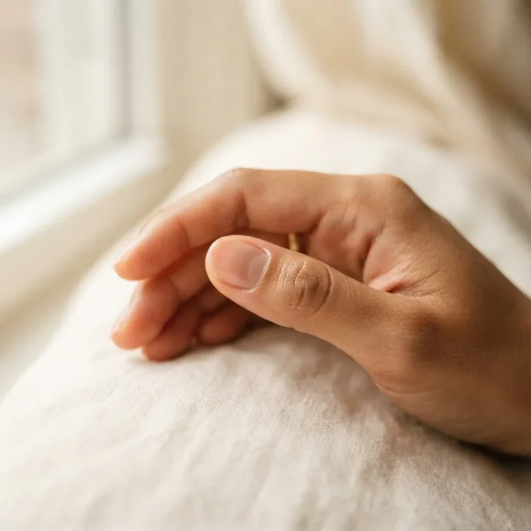 Close-up of healthy well-groomed nails with smooth moisturized cuticles on a warm medium skin tone hand against a soft cream background.