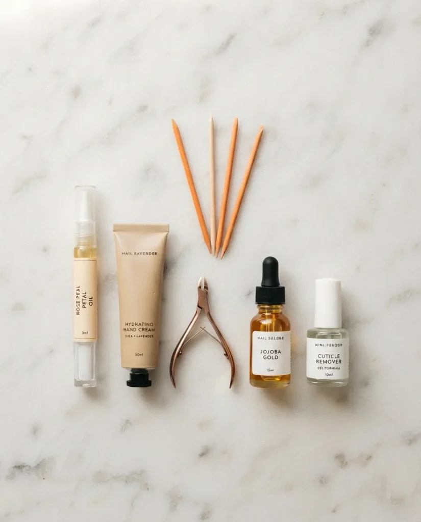 Overhead flatlay of basic cuticle care tools including orange wood sticks, a cuticle oil pen, hand cream, and a small cuticle nipper on a white marble surface.