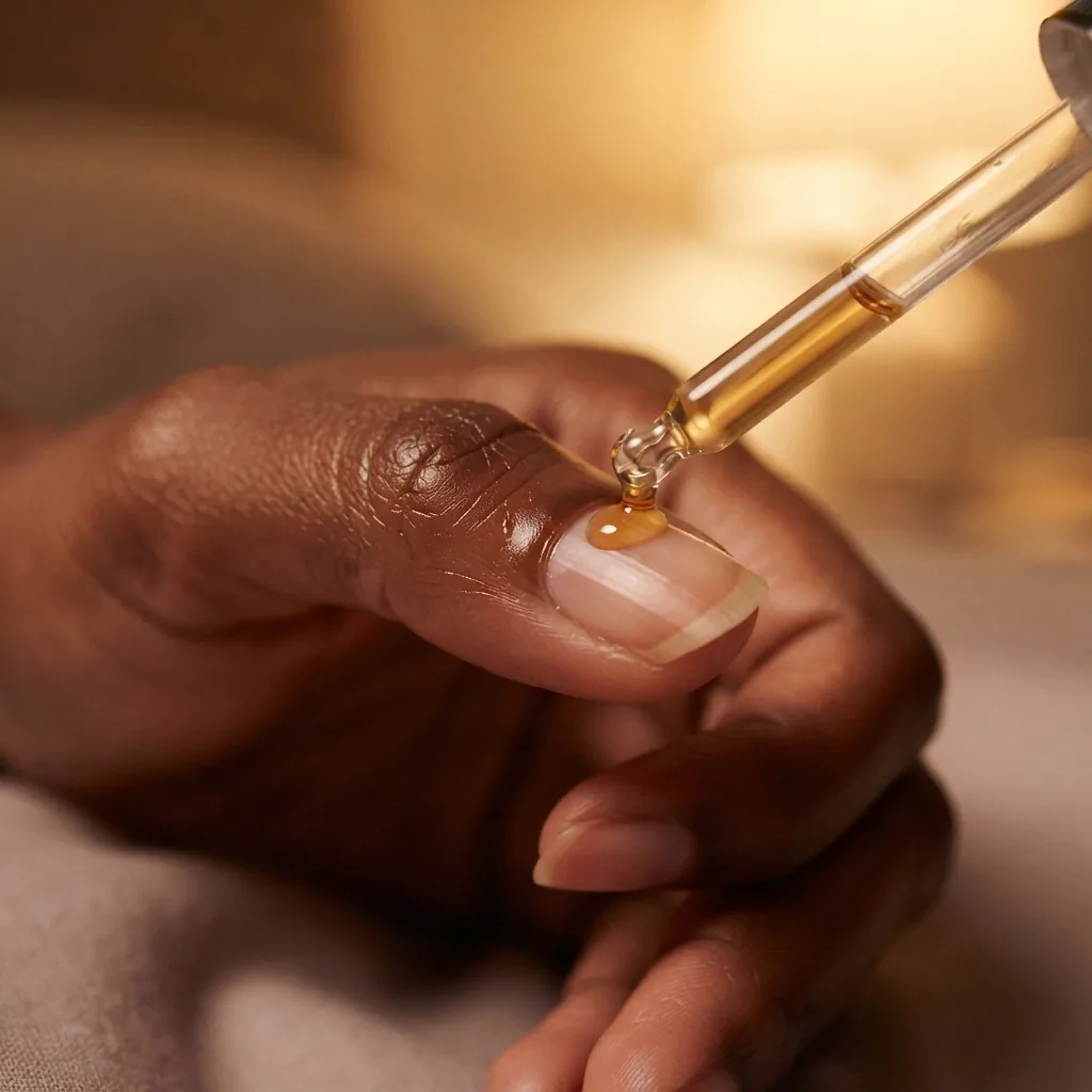 Macro close-up of a drop of cuticle oil being applied to the base of a natural nail on a deep skin tone hand with soft warm lighting.