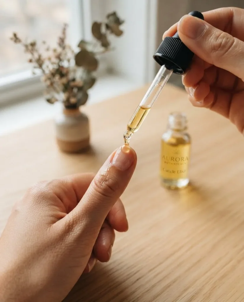In-progress close-up of a dropper bottle applying cuticle oil to the nail fold and cuticle on a hand with light to medium skin tone, jojoba oil texture visible, soft warm natural light on a clean home surface.