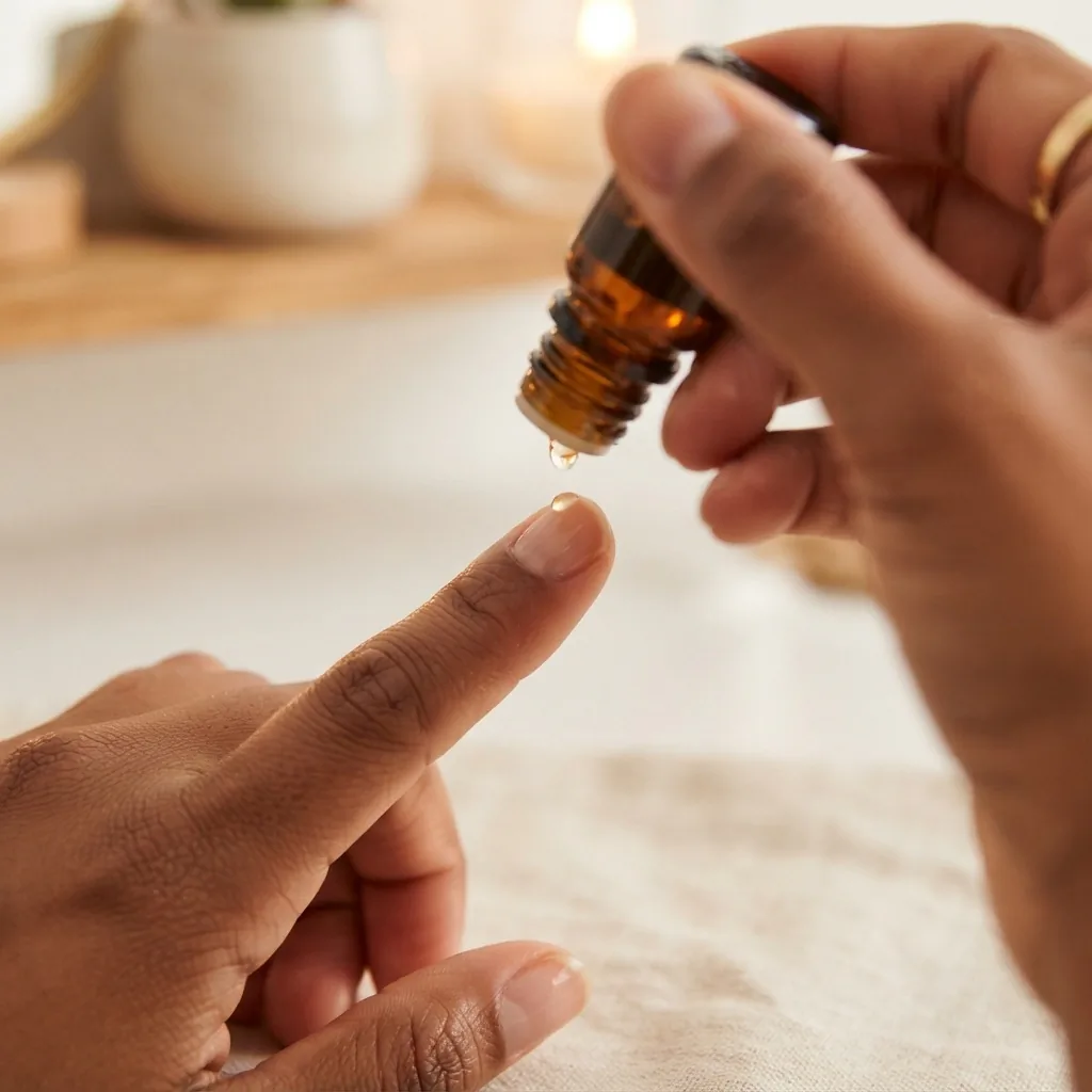 Close-up of a hand with medium-deep skin tone applying cuticle oil with a dropper to the base of natural nails, gentle circular massage motion visible, warm vanity lighting.
