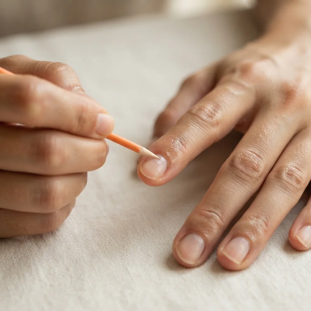 Close-up of an orange wood stick gently pushing back softened cuticles on a natural nail with no polish, warm window light, realistic skin texture.