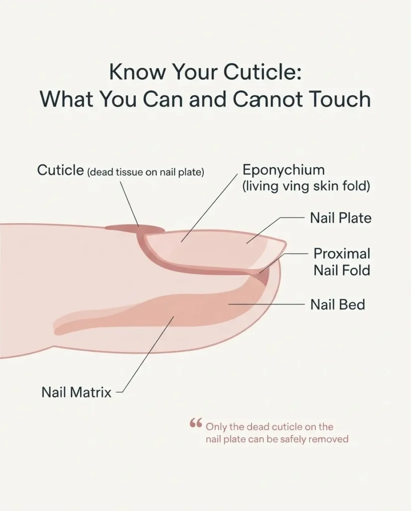 Flat vector diagram labeling the cuticle, eponychium, nail plate, nail fold, and nail bed on a simplified illustrated fingernail cross-section.