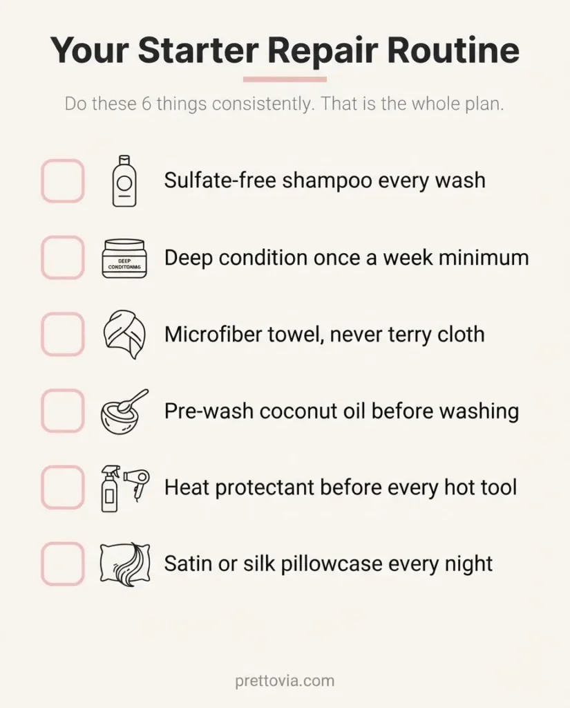 A flat vector checklist infographic titled Your Starter Repair Routine showing six weekly hair care steps with checkboxes icons and a soft blush and warm white color palette.