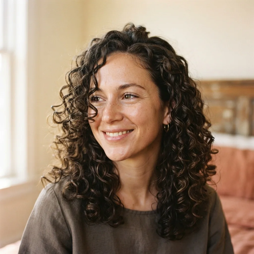 Woman with defined bouncy type 3a curls refreshed and styled in soft natural morning window light, showcasing second day curl definition and texture.