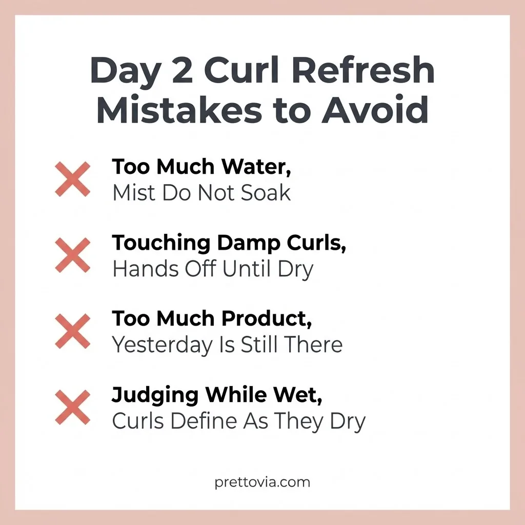 Flat vector checklist graphic listing the four most common day 2 curl refresh mistakes including too much water, touching damp hair, over-applying product, and expecting instant results.