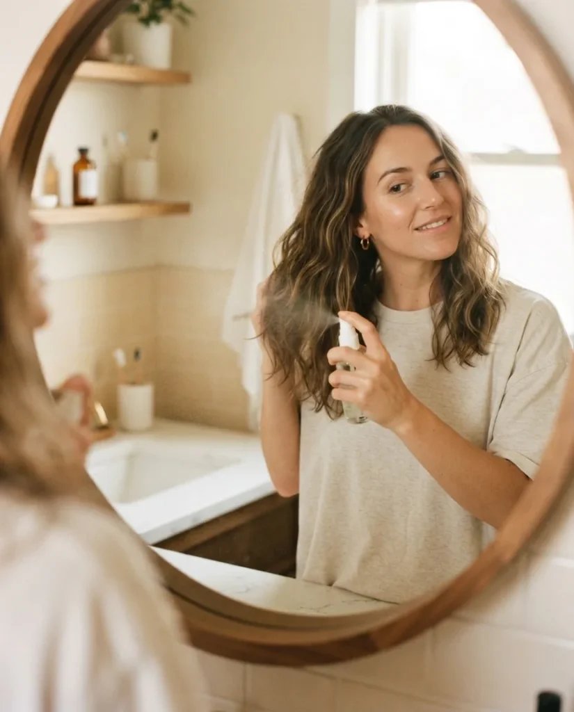 Young woman with naturally wavy hair spritzing a spray bottle onto second-day waves in a bright bathroom mirror reflecting a relaxed everyday styling moment.