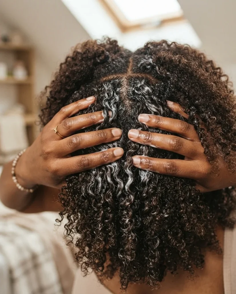 Close-up of deep conditioner being finger-detangled through tightly coiled 4C natural hair in sections, soft natural light, hands-on technique focus with rich product texture visible.