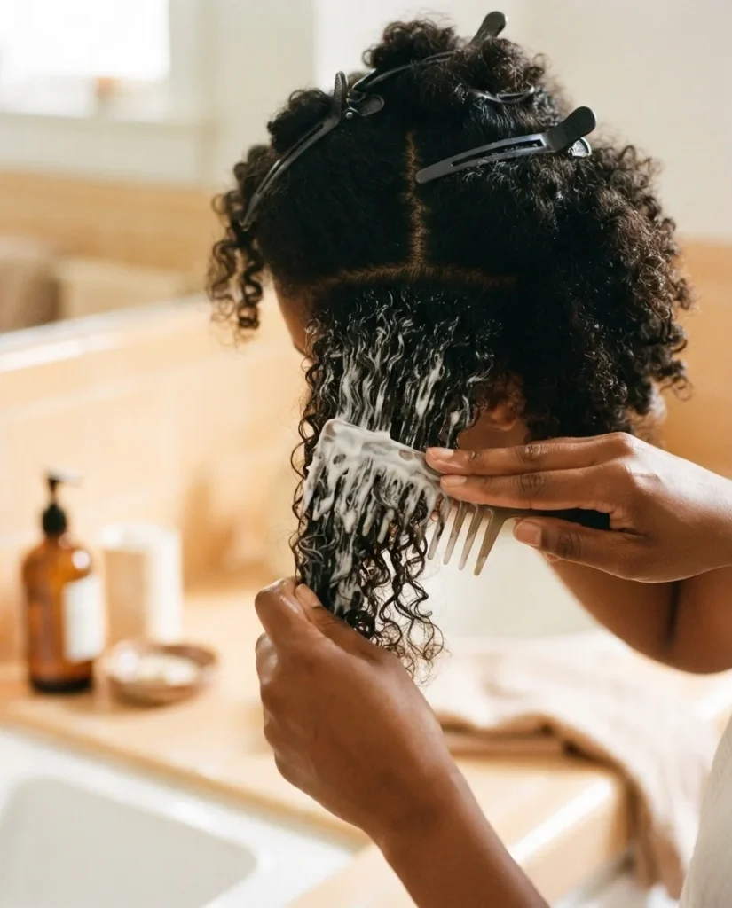 Hands applying deep conditioner to a sectioned-off portion of thick curly hair with a wide-tooth comb, bathroom vanity lighting, close-up technique shot.