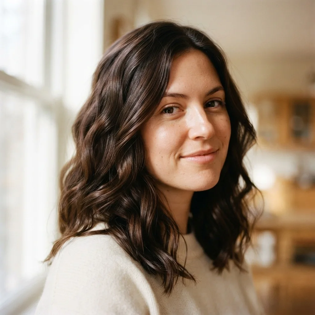 Close-up of healthy, glossy natural hair after a deep conditioning treatment, soft window light highlighting smooth texture and shine on a woman in her late twenties.