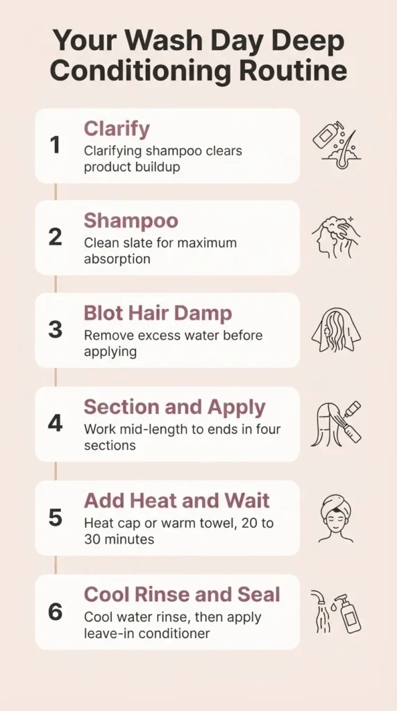 Flat vector step-by-step infographic showing the full wash day deep conditioning routine order, from clarifying shampoo through deep conditioner dwell time to cool rinse and leave-in.