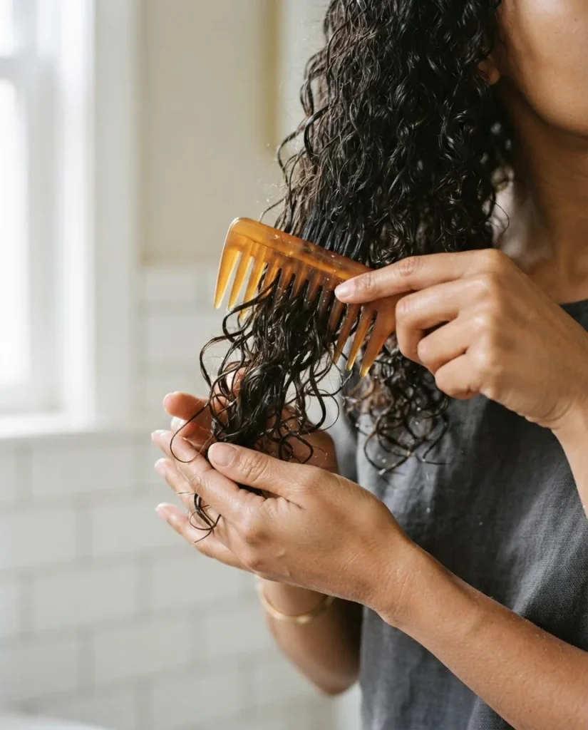 A close-up of a wide-tooth comb working through wet curly hair from ends to roots on a woman with naturally textured hair showing the correct detangling technique.