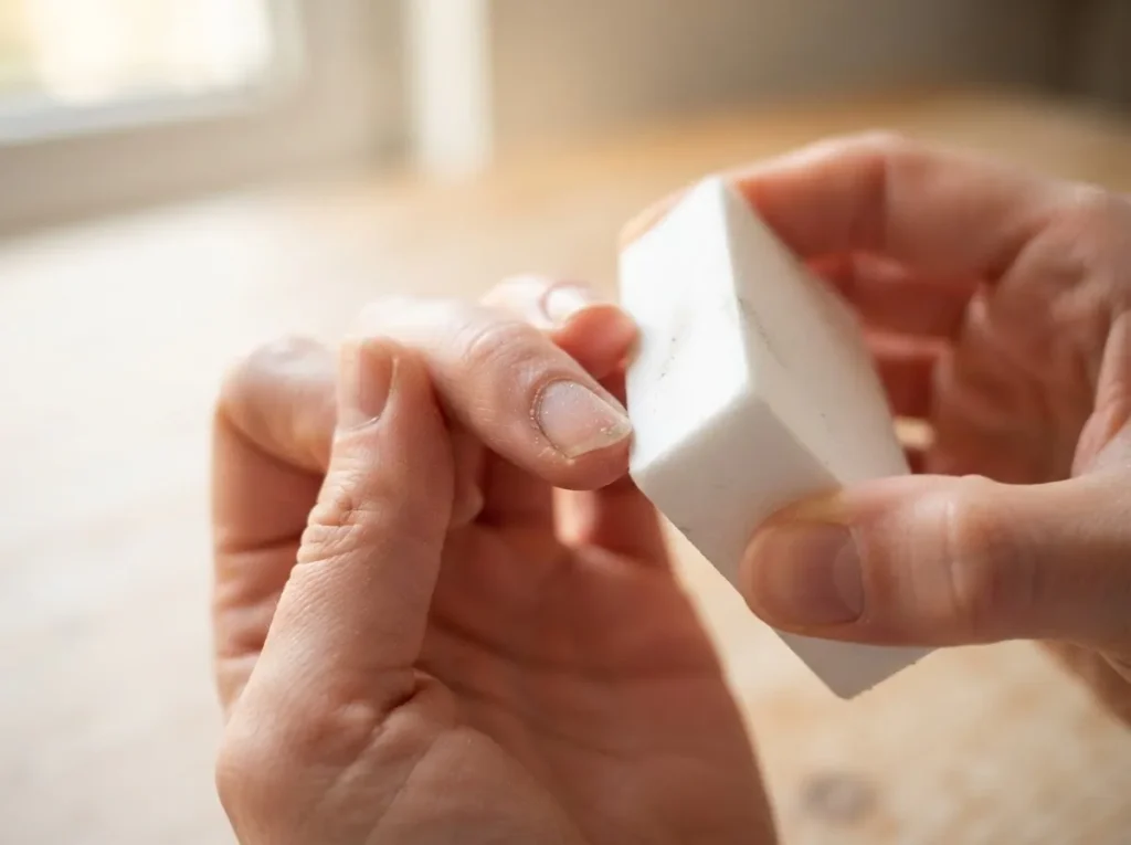 Close-up of hands during nail prep for dip powder application, showing a buffer block gently smoothing the nail plate surface before base coat.