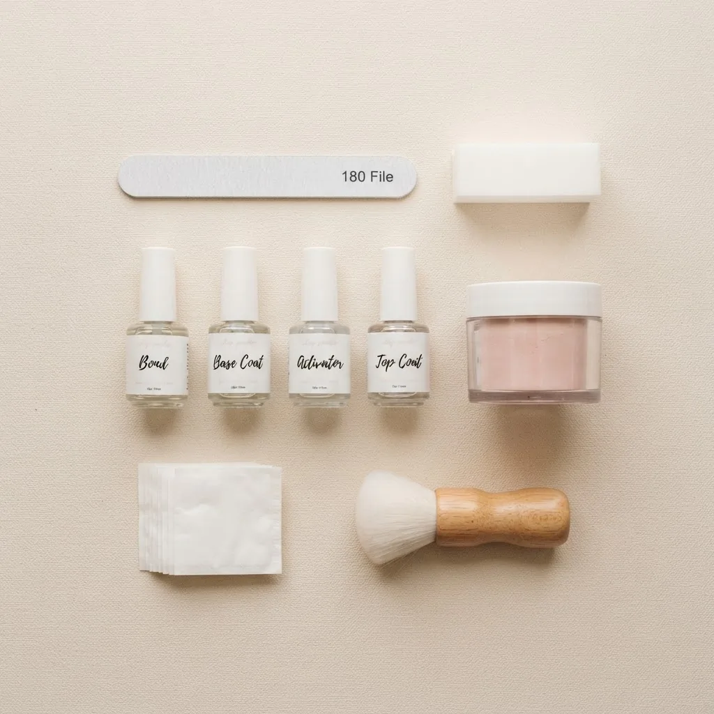 Beginner dip powder nail kit flatlay showing base coat, activator, top coat bottles, colored powder jar, nail file, buffer block, cuticle pusher, and lint-free wipes arranged on a clean white surface.