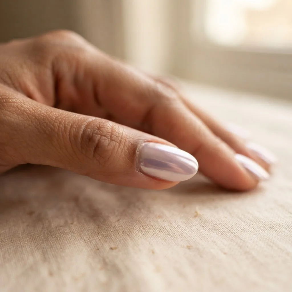 Macro close-up of aurora chrome dip powder nails on a medium skin tone hand showing a liquid mirror shimmer finish in a soft iridescent pink and silver.