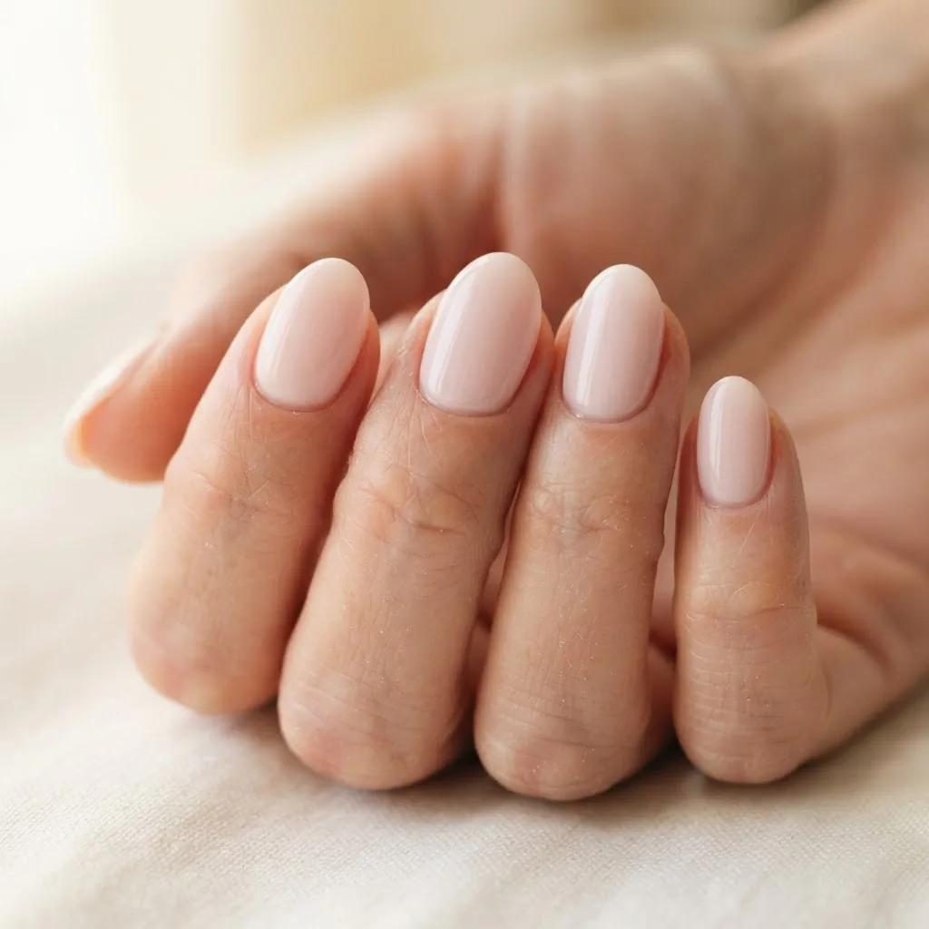 Close-up of flawless dip powder nails in a soft milky pink shade on a natural hand, showcasing smooth glossy finish and clean cuticle lines.