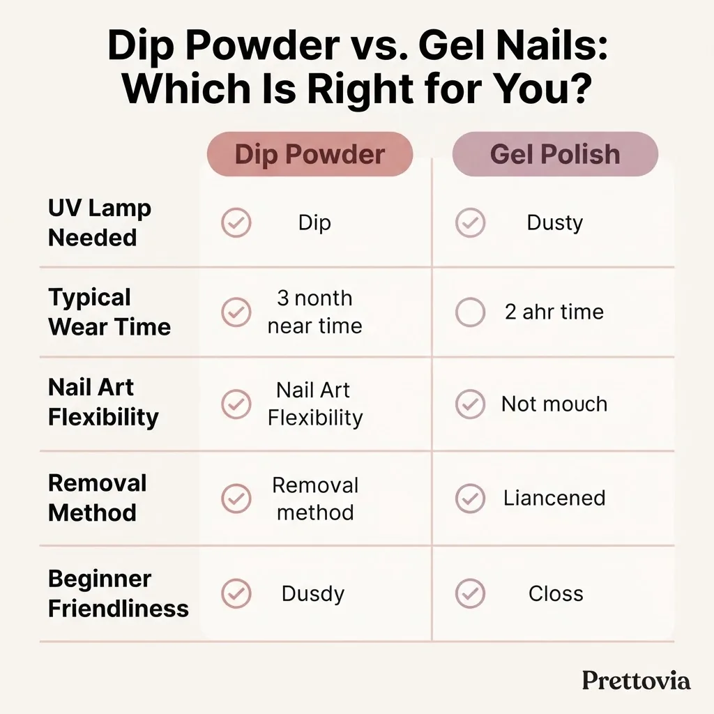 Flat vector comparison chart contrasting dip powder nails and gel nails across five categories including lamp required, longevity, nail art versatility, removal method, and beginner friendliness.
