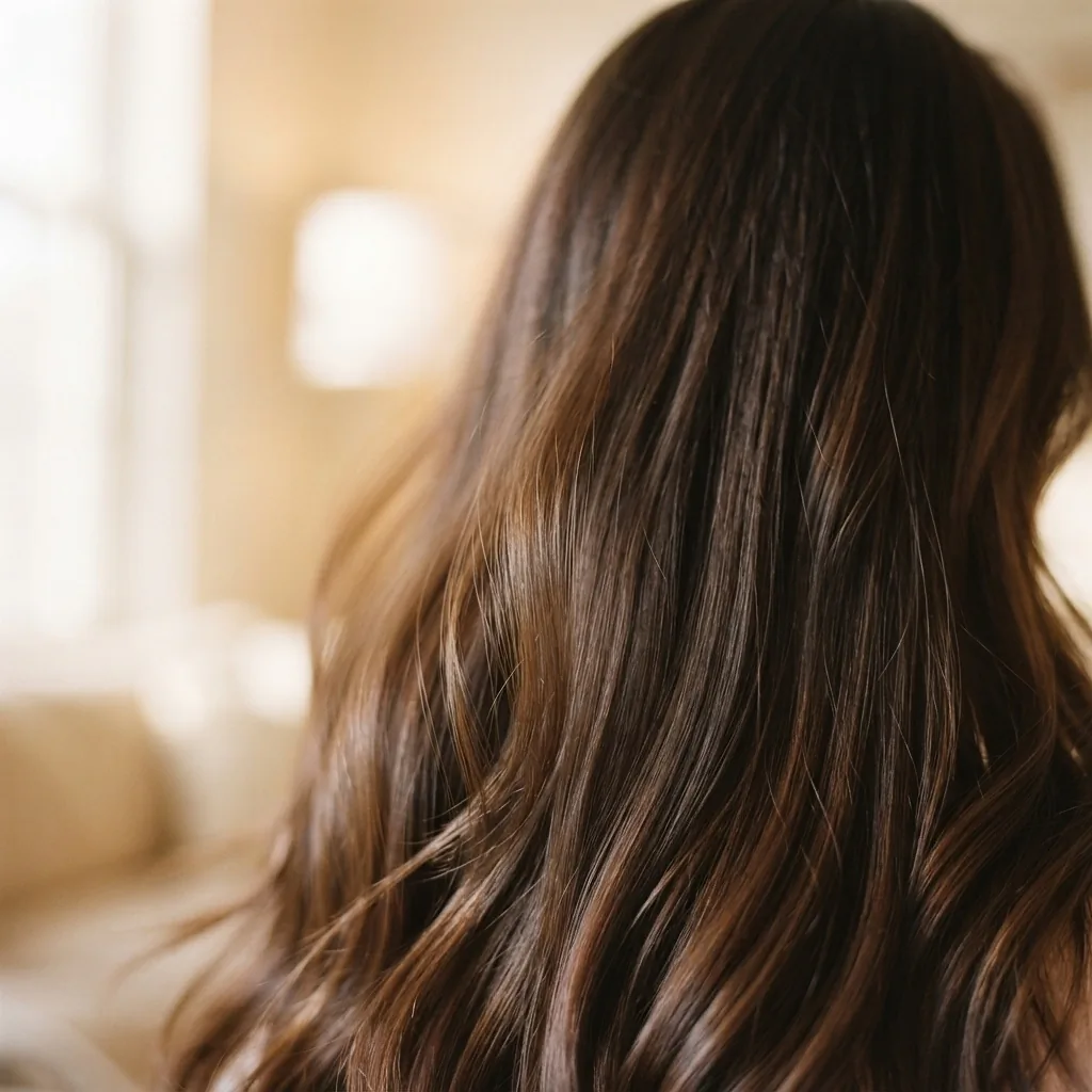 A close-up of glossy, healthy hair with soft natural window light highlighting smooth, shiny strands, representing affordable drugstore shampoo results.
