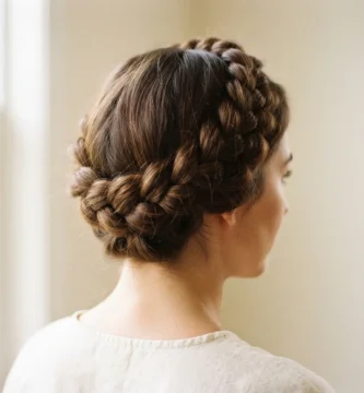 Finished dutch braid crown halo style on a woman with medium brown hair, soft natural window lighting, close-up on the raised braid texture wrapping the head.