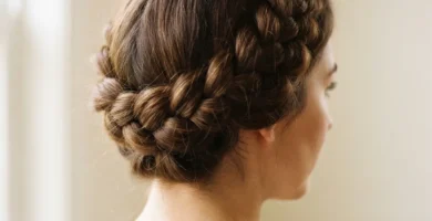 Finished dutch braid crown halo style on a woman with medium brown hair, soft natural window lighting, close-up on the raised braid texture wrapping the head.