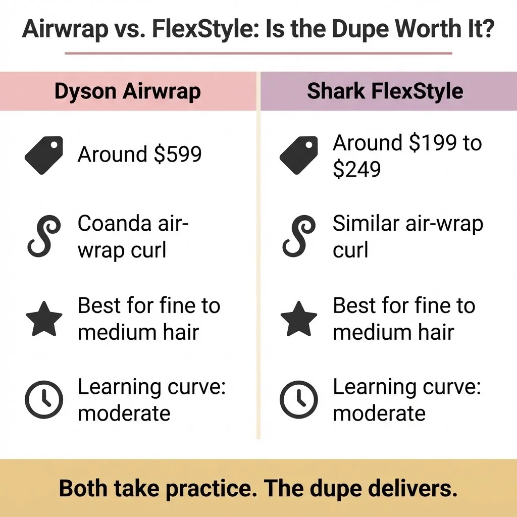 A flat vector comparison infographic showing the Dyson Airwrap versus the Shark FlexStyle side by side with price, key features, and best hair type labels.