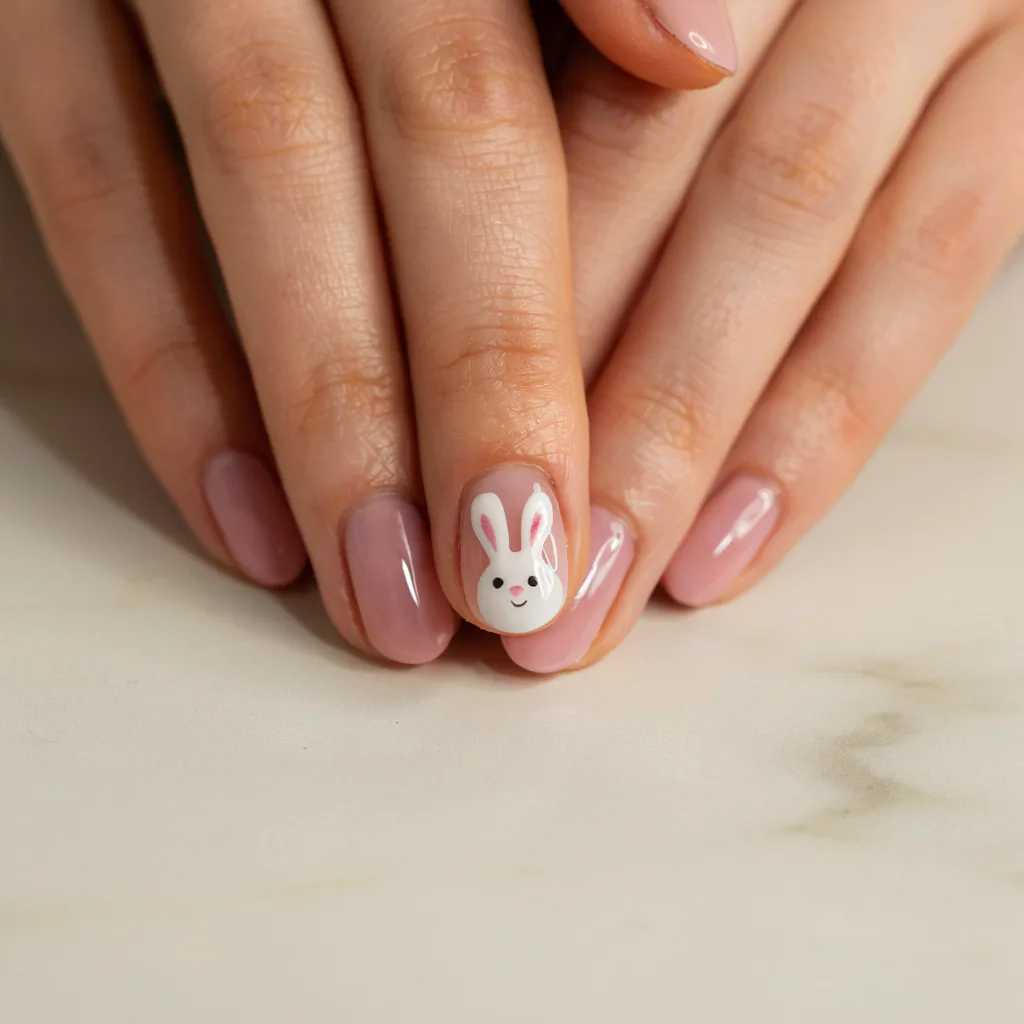 Close-up of a finished Easter bunny accent nail on a ring finger showing a hand-painted white bunny with pink inner ears and tiny dot eyes surrounded by soft pastel pink nails.