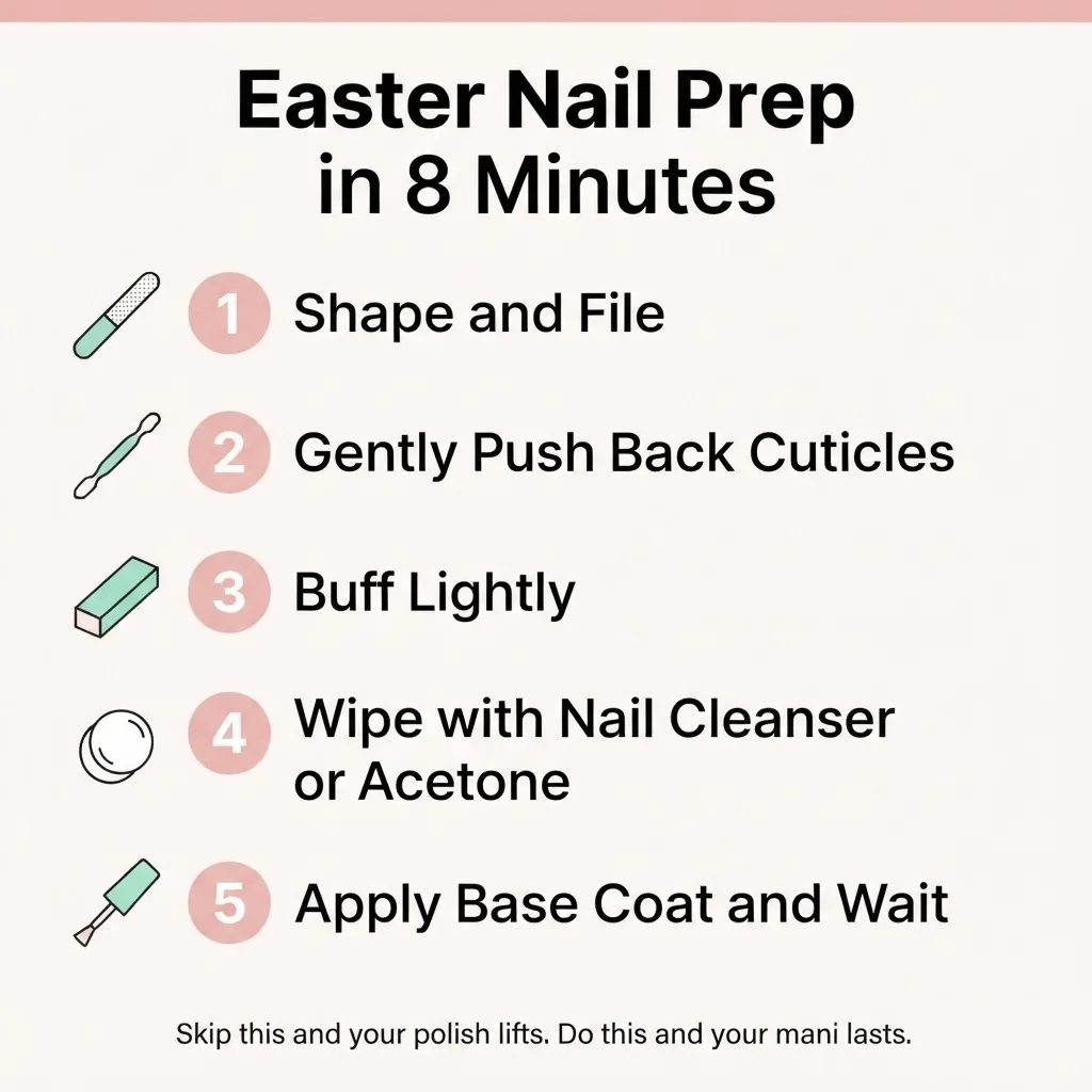 Flat minimalist infographic checklist titled Easter Nail Prep in 8 Minutes showing five numbered steps including shaping, cuticle care, buffing, dehydrating, and base coat application.