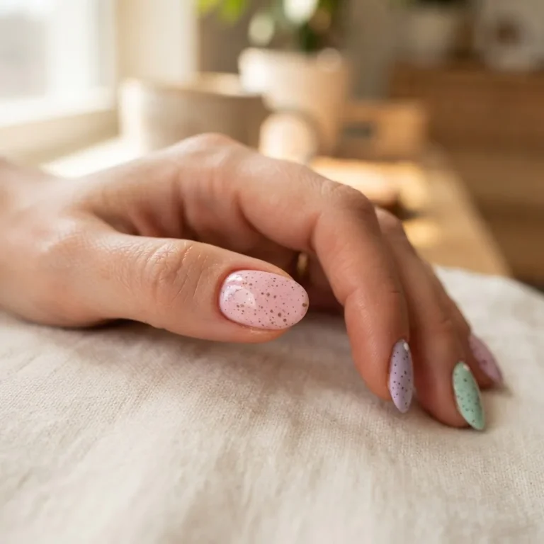 Close-up of a finished Easter nail set on a real hand featuring speckled pastel egg nails in powder pink, lavender, and mint green with delicate brown speckle detailing.