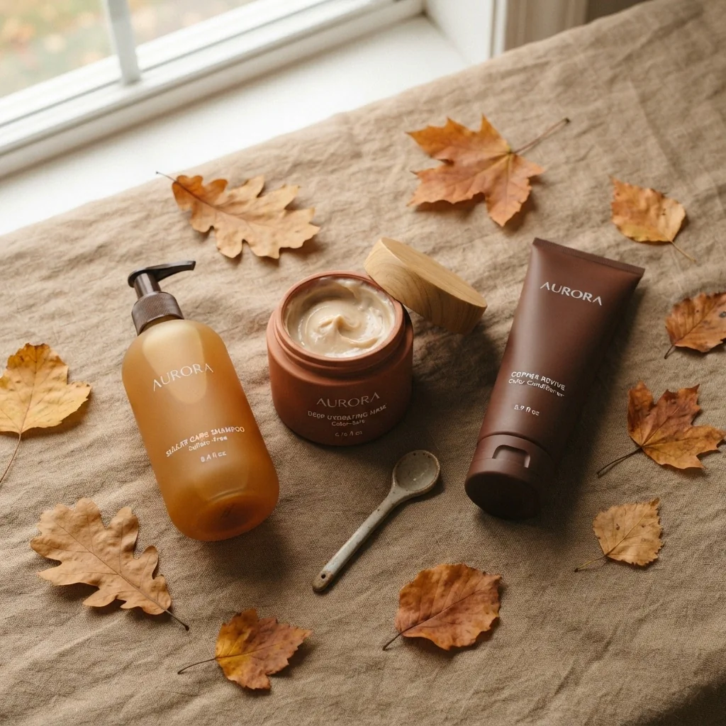 A styled flatlay of color-safe hair care products including a sulfate-free shampoo, deep conditioning mask, and color-depositing conditioner arranged on a warm neutral surface with autumn tones.