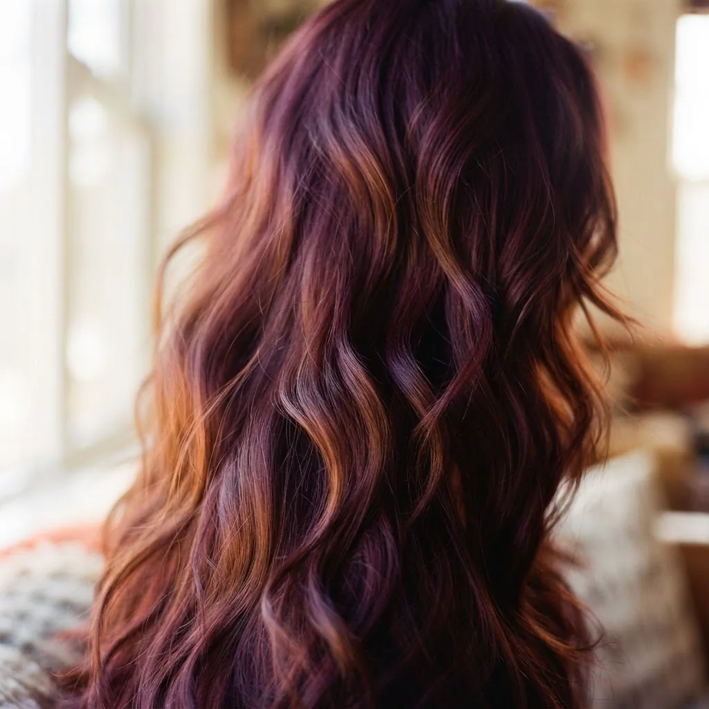 A close-up of long wavy hair in a deep cherry cola color with rich burgundy and violet undertones, shot in warm natural window light.