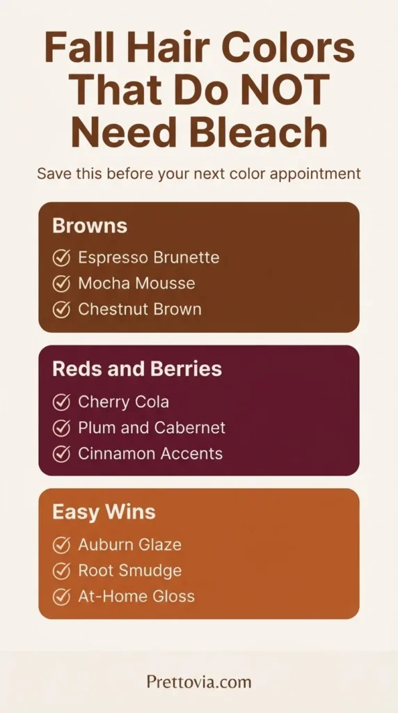 A flat vector checklist infographic listing fall hair color shades that do not require bleach, organized by color family with simple icons and a warm autumn color palette.