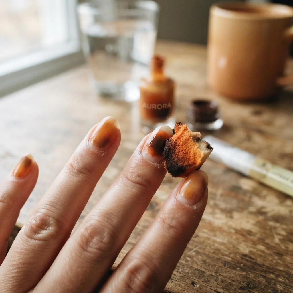 Close-up of a hand showing the sponge application technique for fall aura nails, with a makeup sponge pressing burnt orange and espresso brown polish onto an oval nail in soft natural window light.