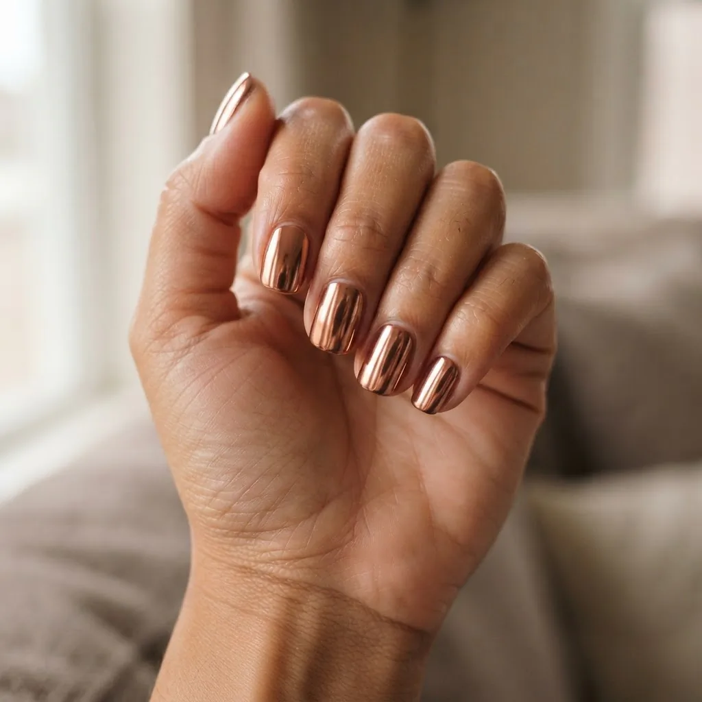 Close-up of copper chrome fall nails on a medium-toned hand with a warm mirror-like metallic finish against a soft neutral background.