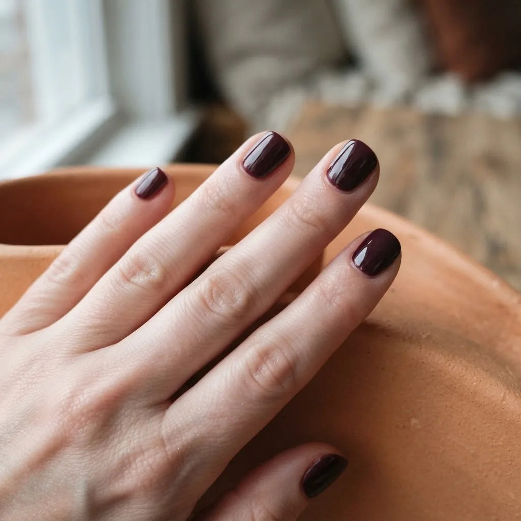 Close-up of deep dirty plum and burgundy fall nails on a fair-skinned hand with a glossy finish, short squoval nail shape, resting on a warm terracotta surface.