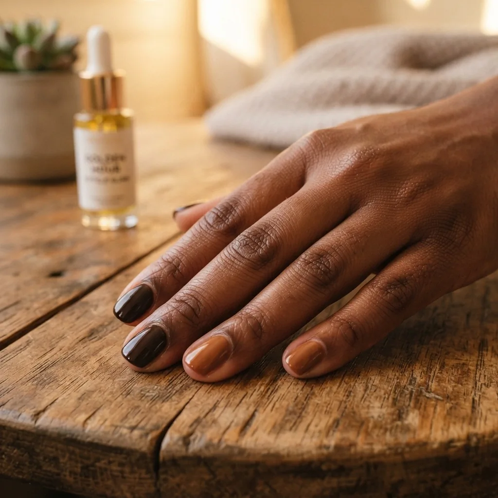 Close-up of glossy espresso brown and caramel fall nails on a deeper-toned hand with rounded nail shape, resting next to a small bottle of cuticle oil on a warm wooden surface.