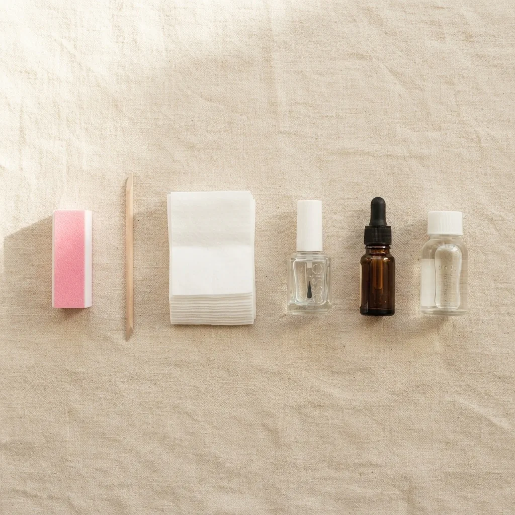 Flat lay of nail prep tools including a buffer block, orange stick, lint-free wipes, base coat bottle, and small acetone bottle arranged on a warm cream surface.