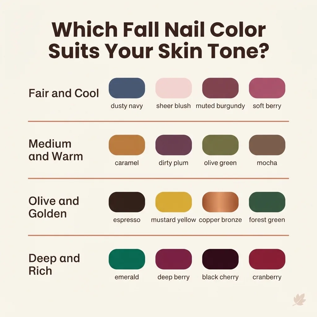 Flat vector infographic showing which fall nail colors flatter fair, medium, olive, and deep skin tones, with color swatches and shade names in a warm autumn palette.