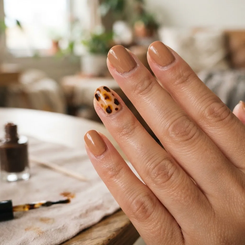 Close-up in-progress shot of tortoiseshell nail art being created on a natural-toned hand, showing a warm caramel base with amber and dark brown irregular blobs partially blended on the nail surface.