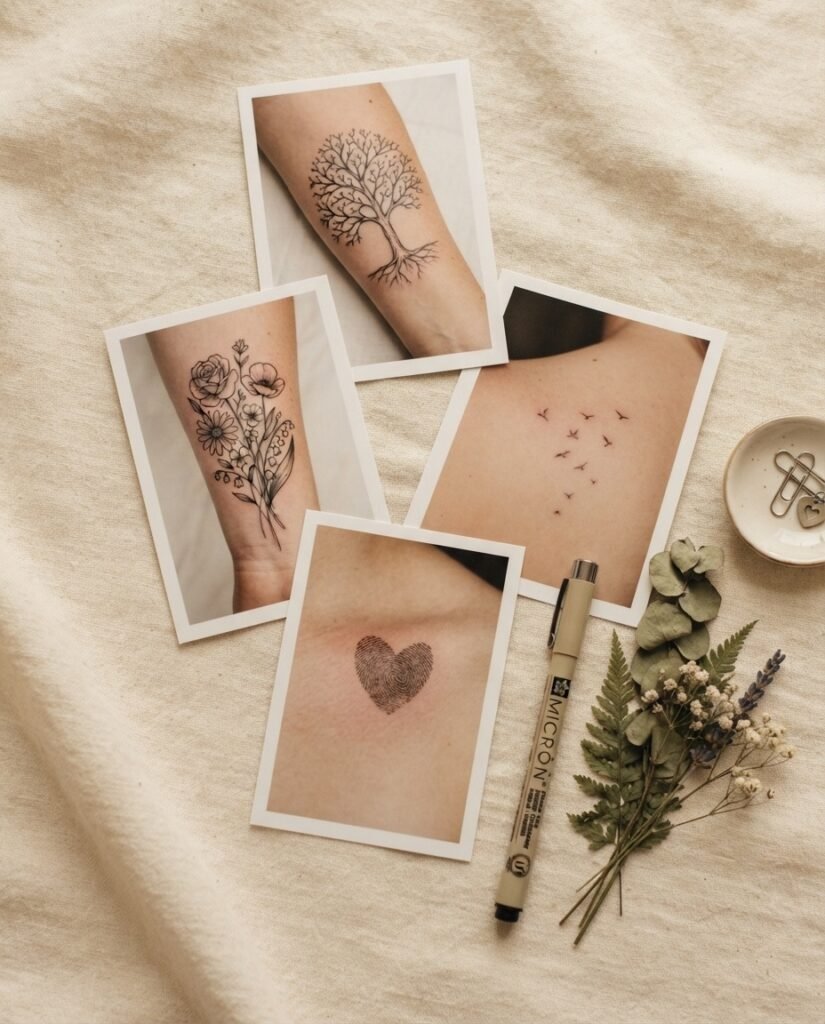 A close-up flat-lay style mood board showing healed family tattoo motifs including a small family tree, birth flowers, and a fingerprint heart on lightly toned skin under soft natural light.