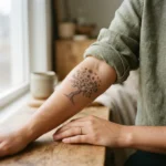 A healed fine-line family tattoo on the inner forearm of a woman in her late twenties, showing delicate botanical elements and small meaningful symbols against warm natural skin.