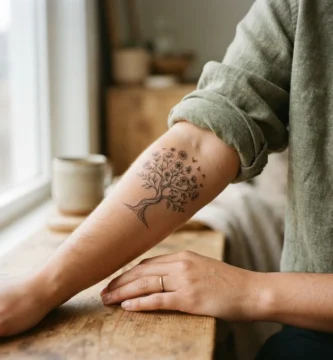 A healed fine-line family tattoo on the inner forearm of a woman in her late twenties, showing delicate botanical elements and small meaningful symbols against warm natural skin.